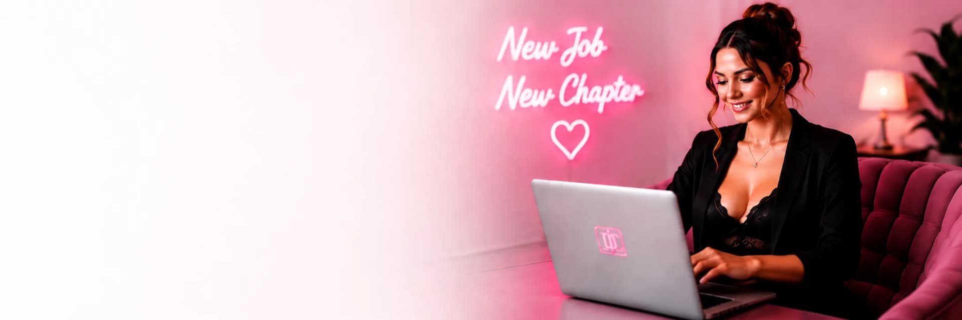Woman browsing adult-industry roles on a laptop beneath a neon New Job New Chapter sign