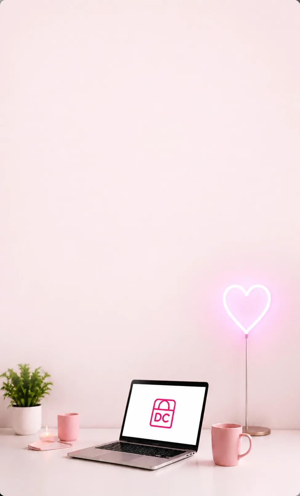 Laptop and neon heart on a pink desk — sign in to DiscreetCareers